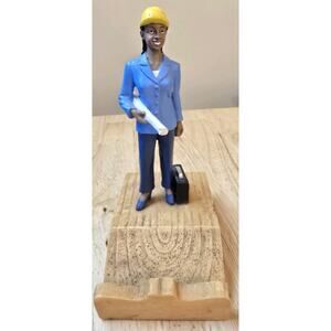Business Woman Contractor Hard Hat Briefcase Figurine Business Card Holder EUC